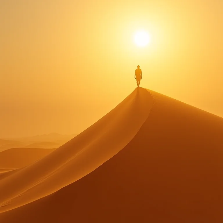 Silhueta subindo uma duna no deserto, representando a jornada do herói.