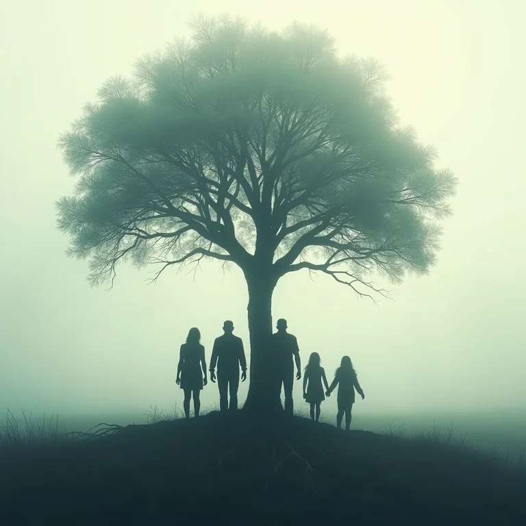 Silhuetas interconectadas formando árvore genealógica