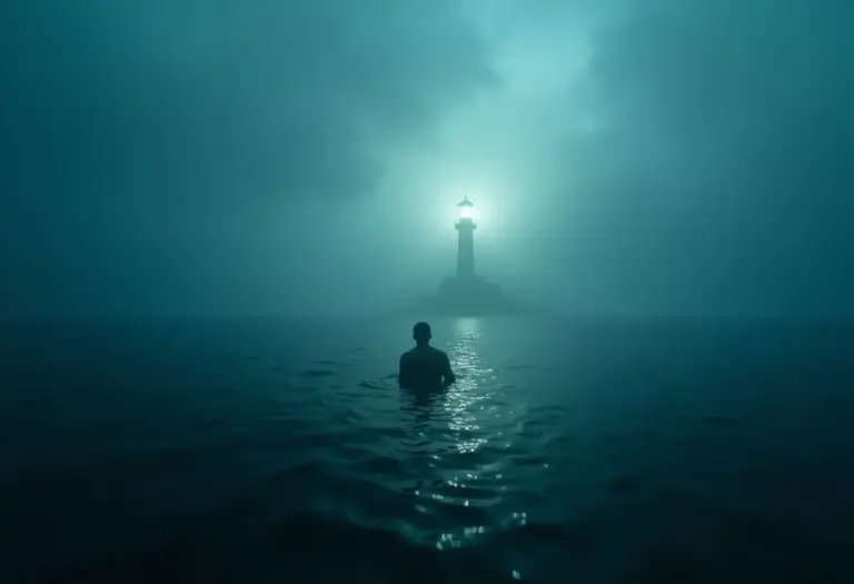 Sonhador submerso no oceano, esperança em um farol distante