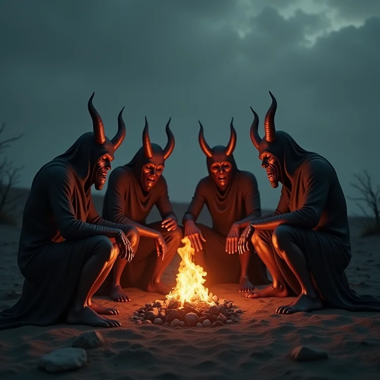 Sonhar com demônios no inferno: figuras sombrias ao redor do fogo