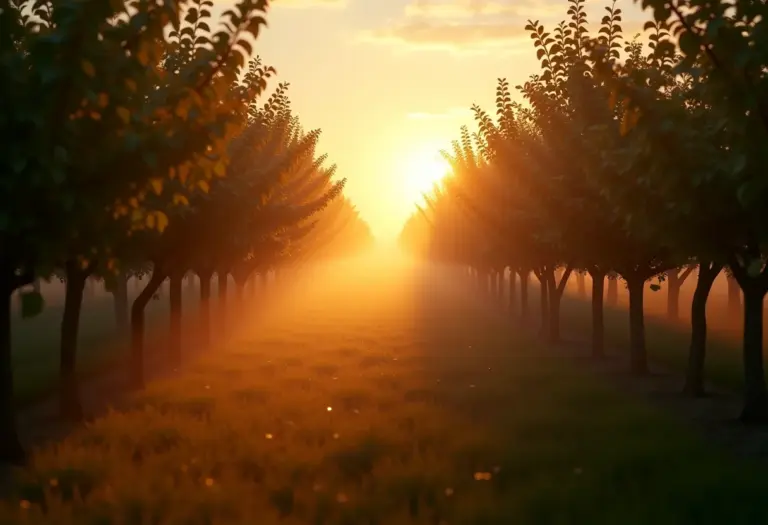 Sonhar com peras: pomar místico ao entardecer
