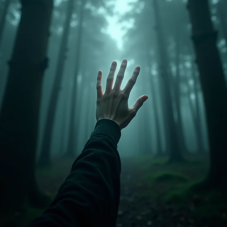 Sonhar com rei pedindo ajuda: Mão espectral emergindo da floresta, simbolizando vulnerabilidade e necessidade de auxílio.