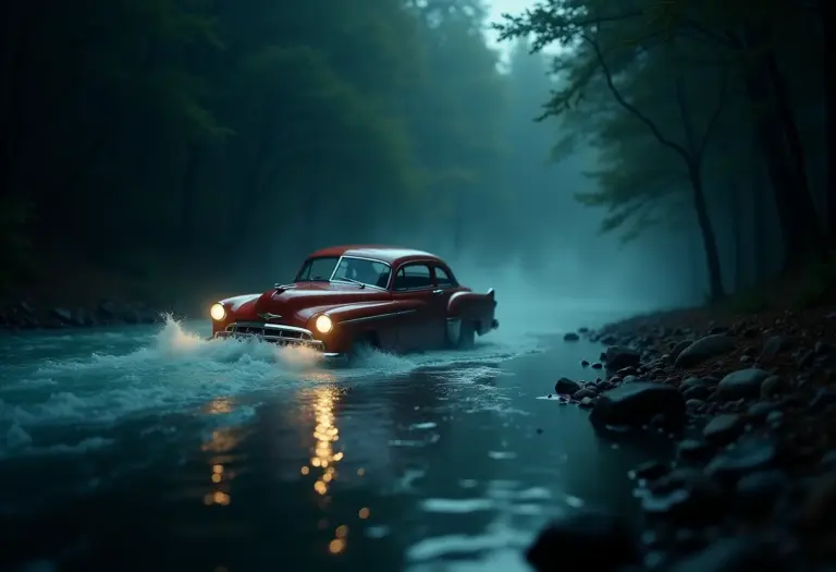Sonho com carro caindo no rio: imagem onírica de um carro afogando-se em águas escuras
