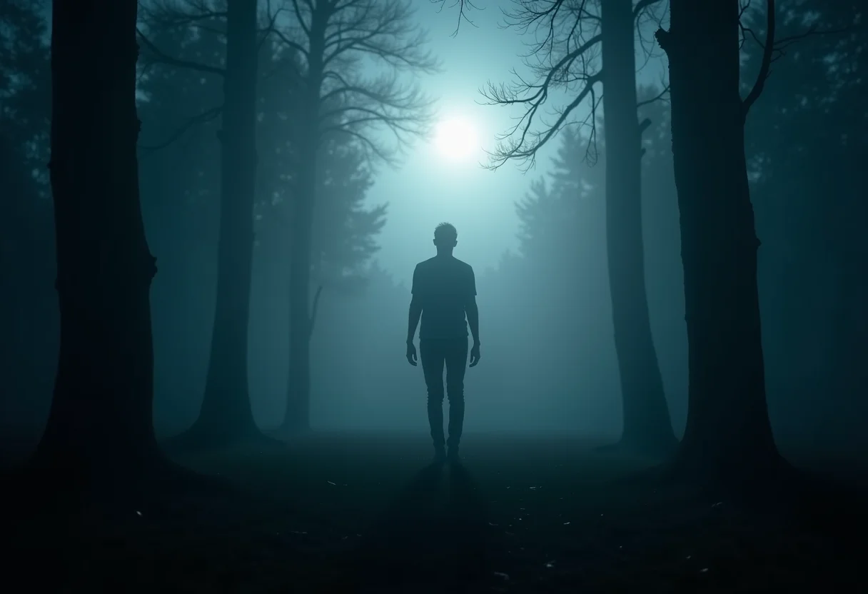 Sonho de matar em legítima defesa: figura sombria e floresta nebulosa
