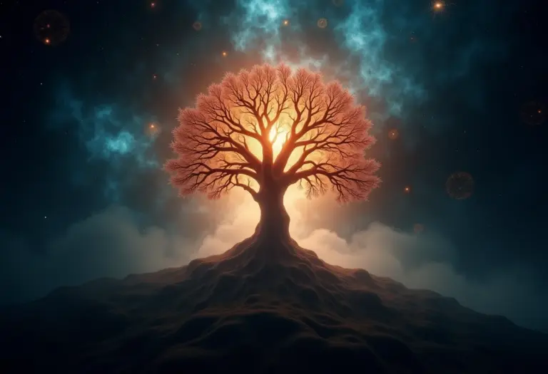 Sonho místico com a Cabala: Árvore da Vida em névoa cósmica.