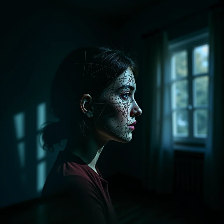 Suores noturnos e insônia: rosto sobreposto a teias em um quarto sombrio.