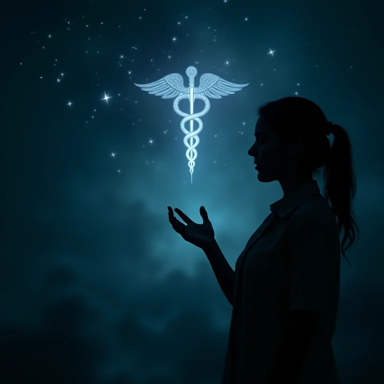 Suores noturnos e menopausa: silhueta em busca de auxílio médico nas estrelas.