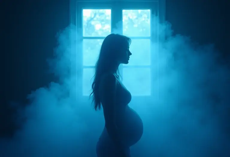 Suores noturnos na menopausa: representação onírica de uma mulher envolta em névoa azul.