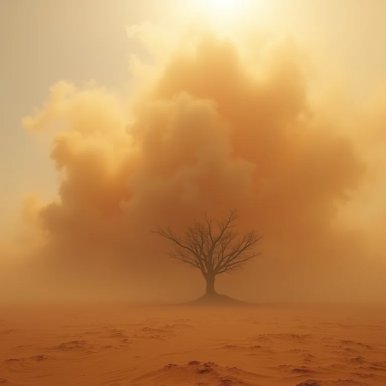 Tempestade de areia engolindo uma árvore solitária, simbolizando desafios imprevistos.
