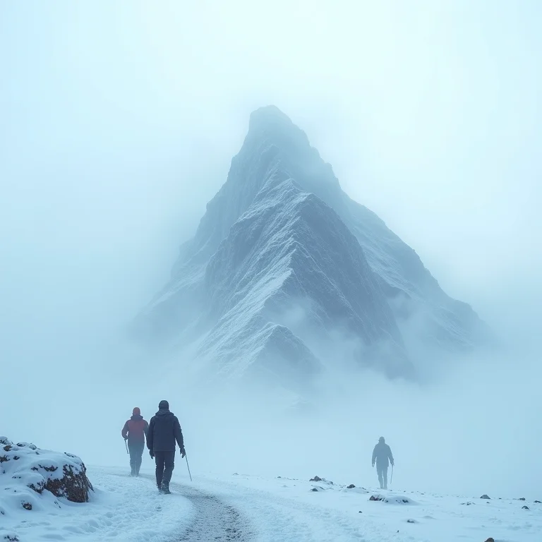 Tempestade de neve com silhuetas lutando contra o vento, representando desafios e superação em sonhos.