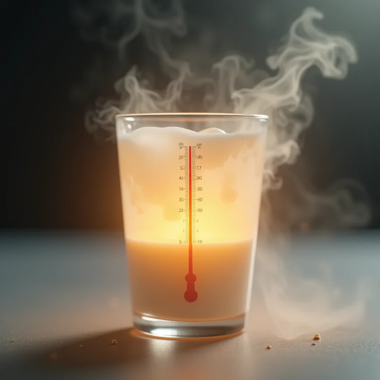Termômetro brilhante em leite morno, vapor suave