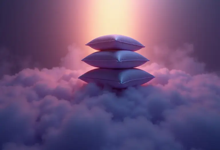 Travesseiros empilhados em paisagem onírica, representando o sono e o descanso.