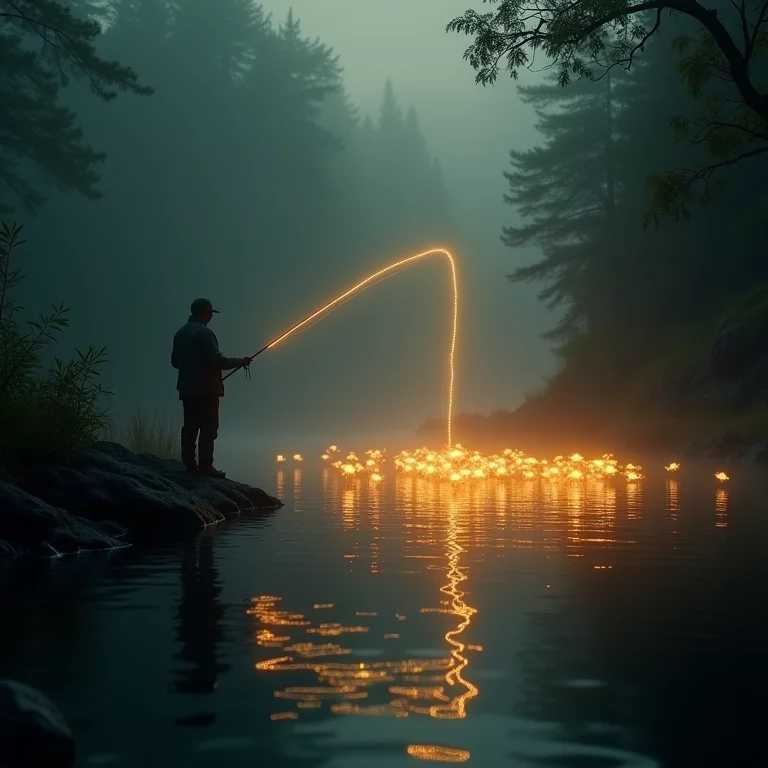 Vara de pesca atraindo peixes luminosos em rio, representando abundância, oportunidades e manifestação de desejos.