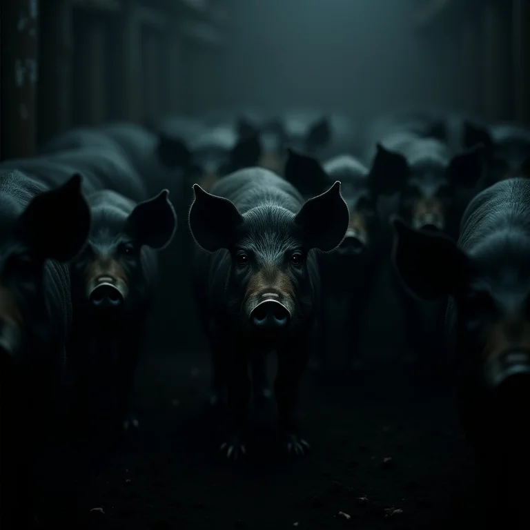 Vários porcos pretos em um chiqueiro escuro, representando a acumulação de medos e preocupações.