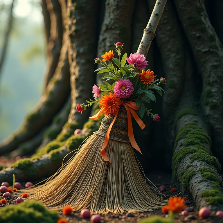 Vassoura decorada com flores e fitas, simbolizando a conexão com o poder feminino.