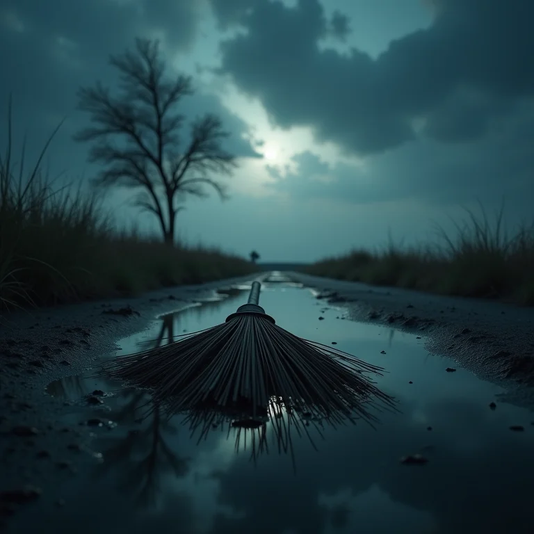Vassoura quebrada no chão refletindo céu tempestuoso, simbolizando fracasso e obstáculos.