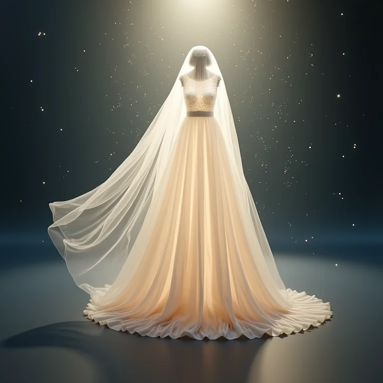 Véu de noiva flutuando no ar com poeira estelar, simbolizando sonhos e esperanças.