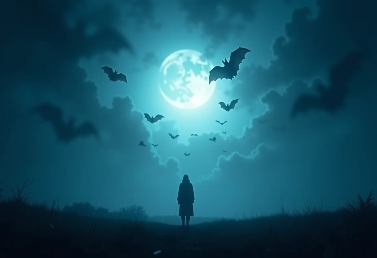 Visão noturna de uma pessoa sob um céu de morcegos, simbolizando sonhos com mordida de morcego.